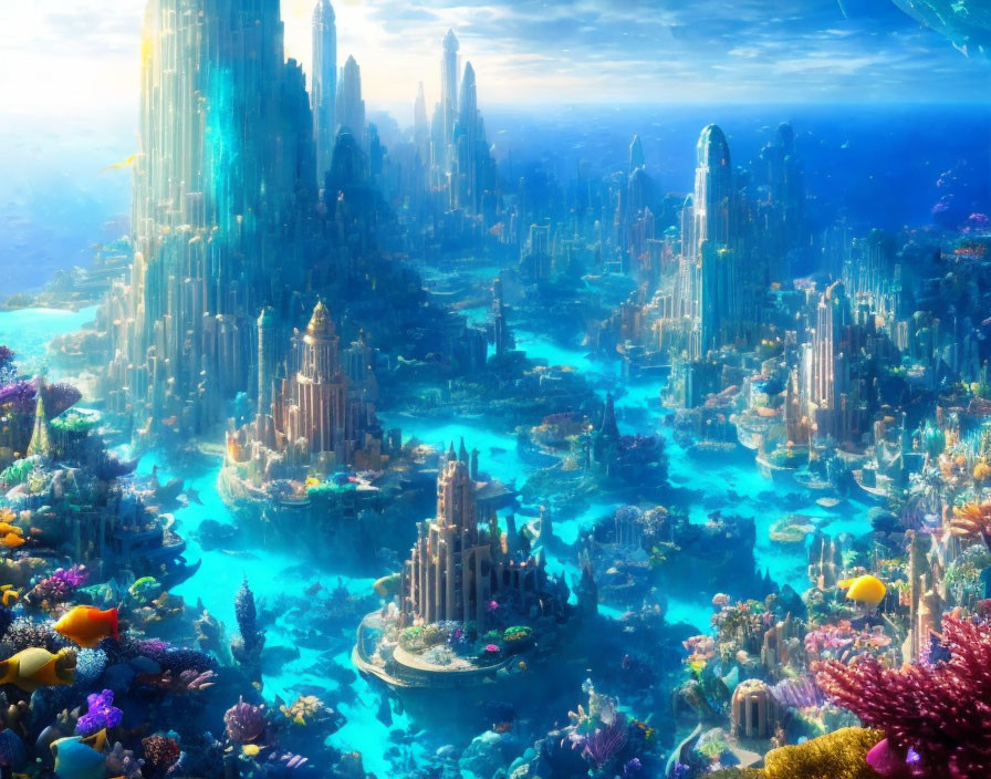 Colorful Coral Reefs and Towering Structures in Underwater City