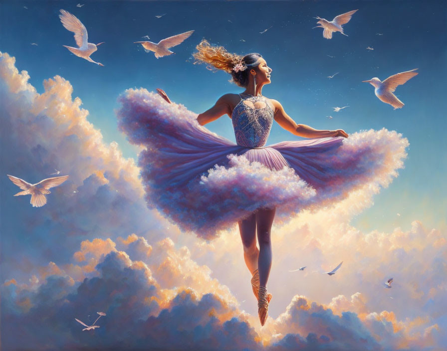 Woman dancing in flowing dress among clouds and birds in serene setting under soft glowing sky