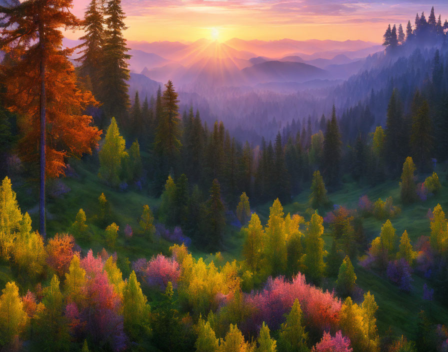 Vibrant forest at sunrise with colorful foliage and mountainous landscape