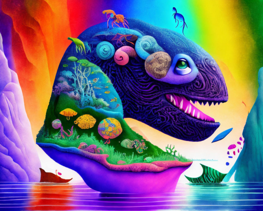 Colorful chameleon illustration with micro-ecosystem body and rainbow backdrop