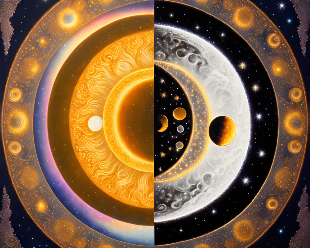 Circular Image: Sun and Moon Halves with Celestial Patterns