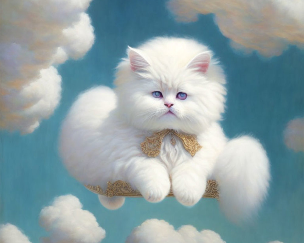 White Cat with Blue Eyes Floating in Clouds with Golden Collar