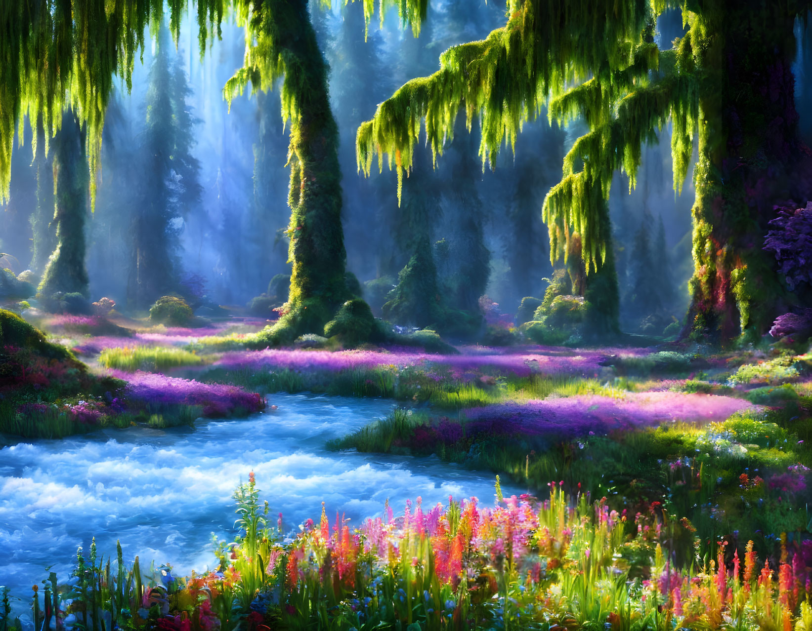 Lush enchanted forest with moss-covered trees and wildflowers beside a serene blue stream under misty sunlight