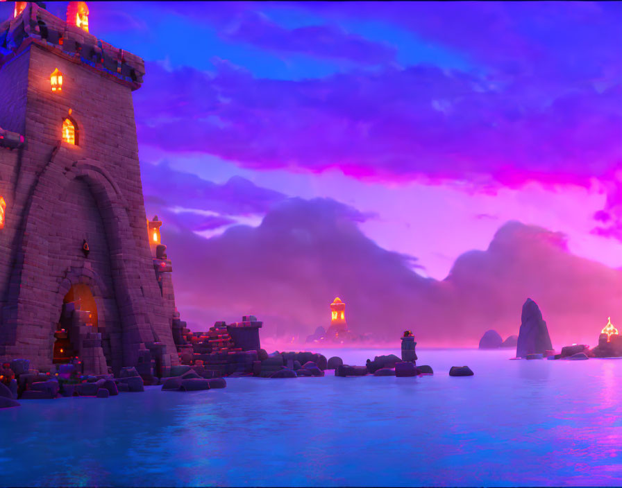 Vivid pink and purple sunset over calm sea with stone castle tower and distant glowing structures