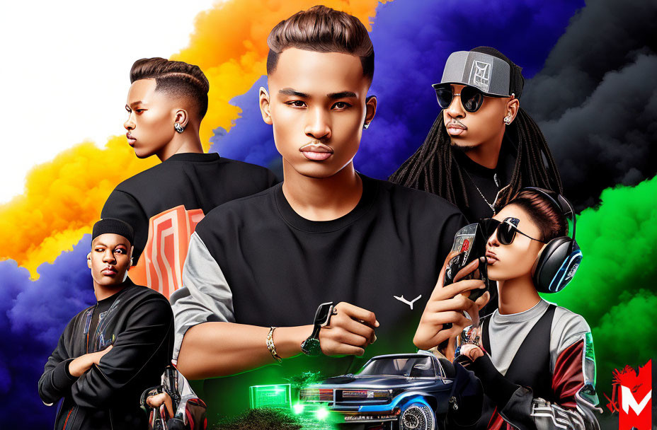 Five stylish individuals in casual and streetwear fashion against vibrant orange and blue smoke backdrop with neon-lit