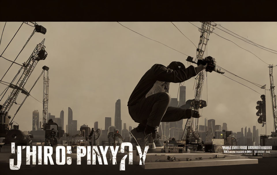 Person skateboarding mid-air in urban setting with stylized text overlay