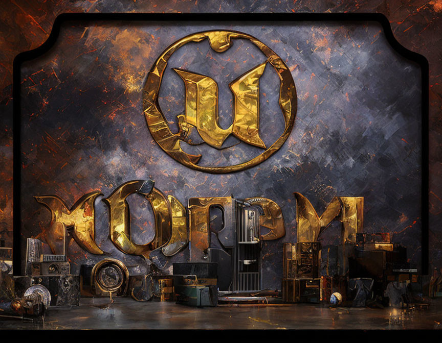 Textured metallic background with 3D stylized 'Q' logo and ornate "MOT