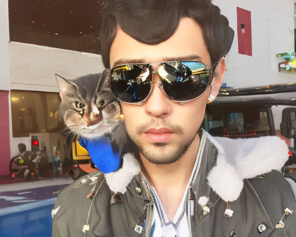 Fashionable individual with oversized sunglasses and a cat on shoulder in urban setting.