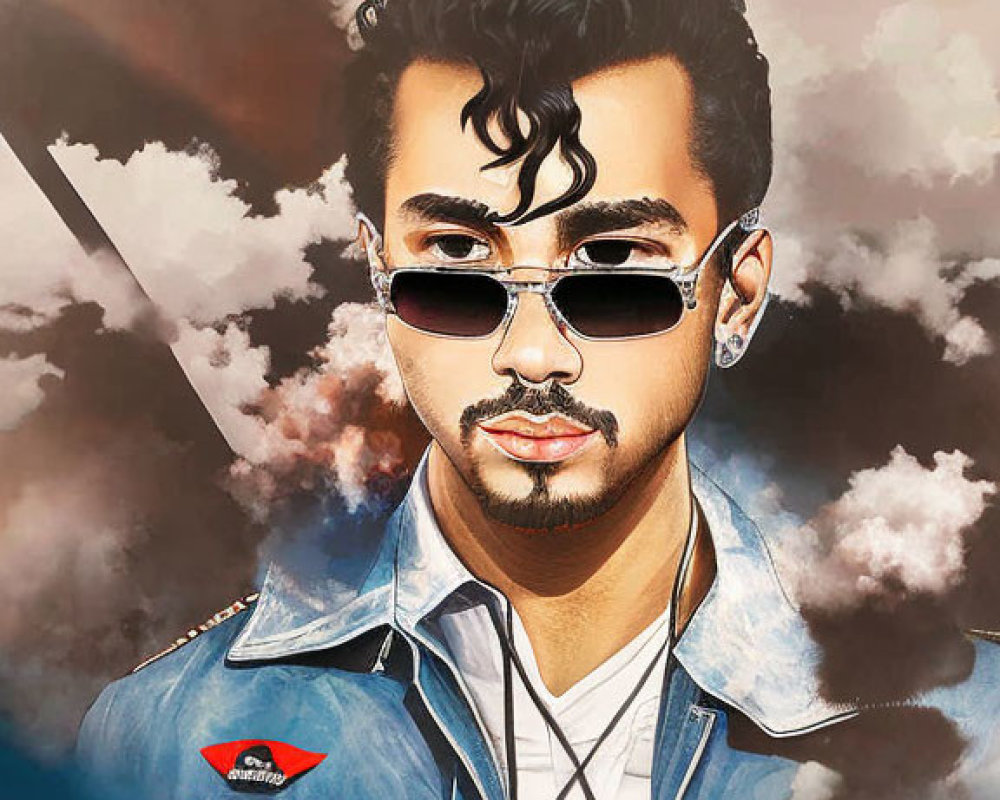Man with curly hair in sunglasses and denim jacket against cloudy background with red-lipped motif