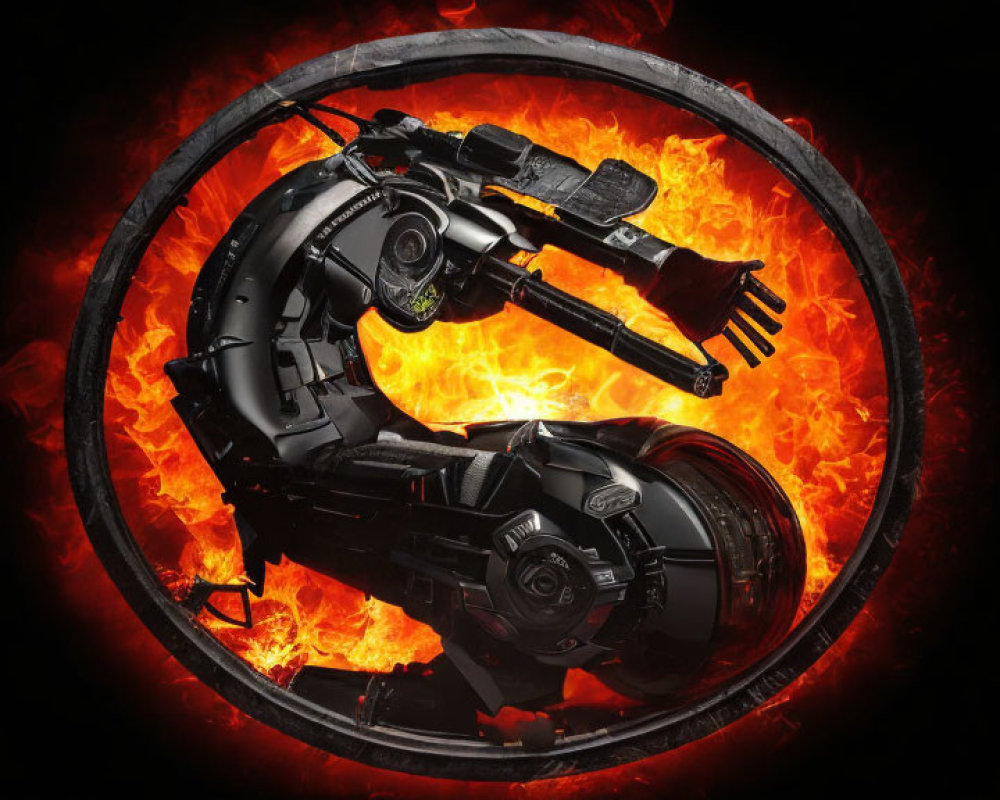 Black Futuristic Motorcycle in Circular Frame with Fiery Background