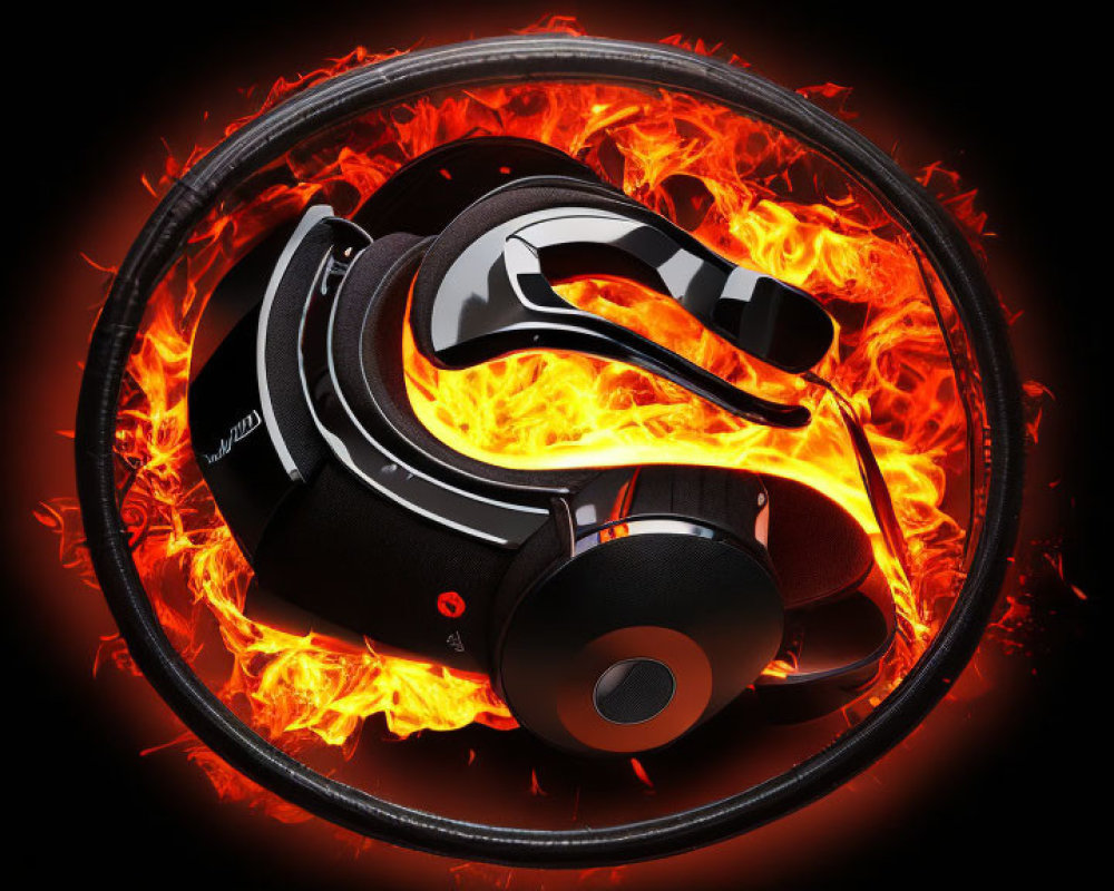 Racing helmet in fiery ring on dark background symbolizing speed