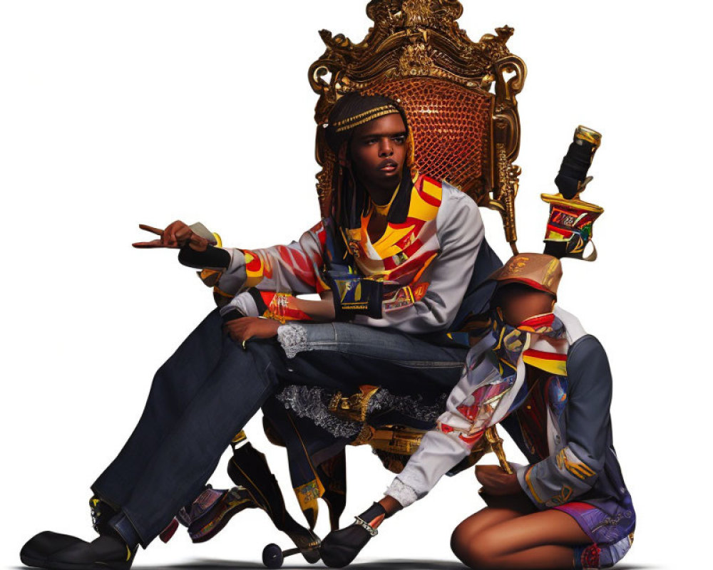 Vibrant modern clothing man on ornate throne with woman beside him
