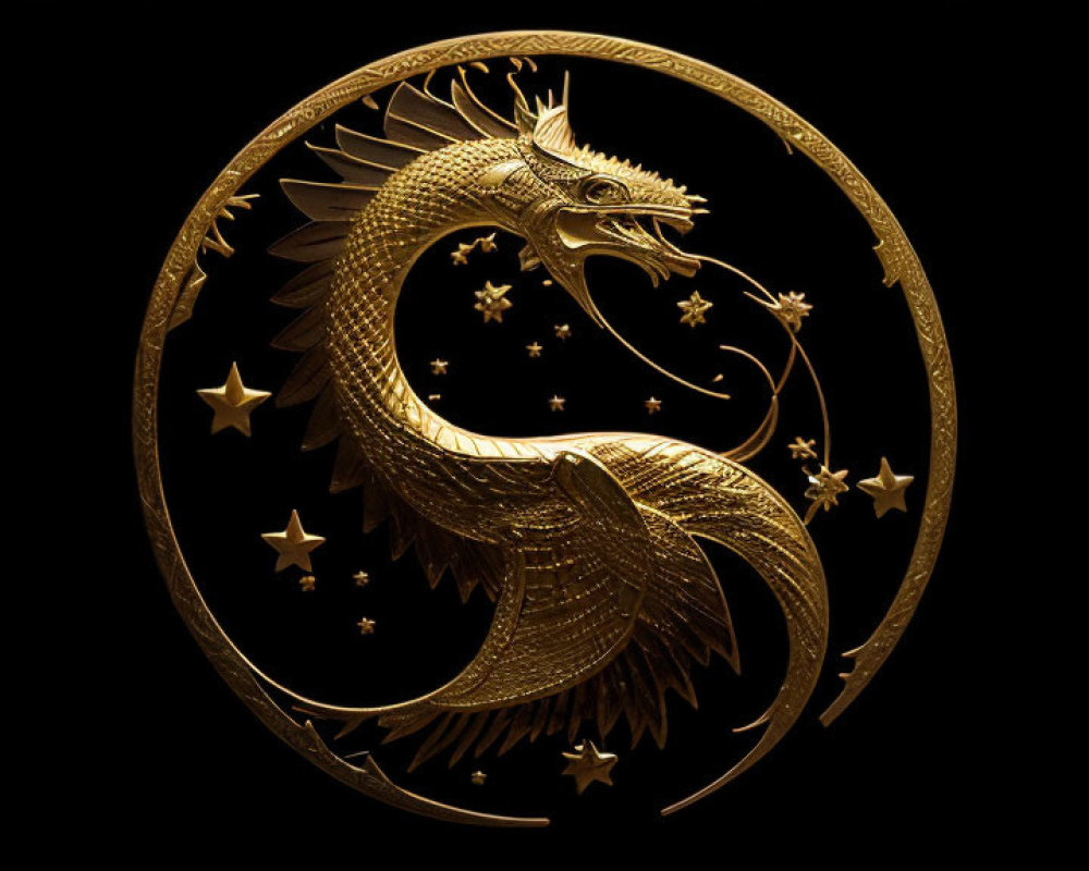 Golden Dragon Surrounded by Stars and Florals on Black Background