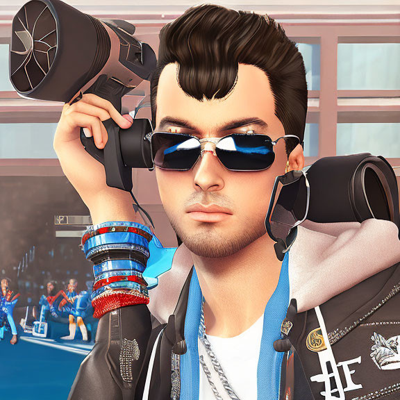 Digital illustration of man in sunglasses and leather jacket with camera and headphones.