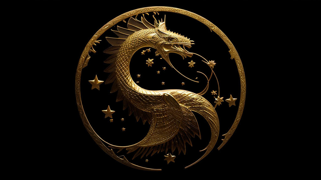 Golden Dragon Surrounded by Stars and Florals on Black Background
