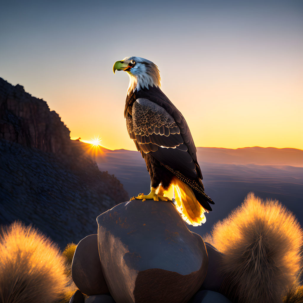 Eagle perched on rock at sunset over mountain landscape