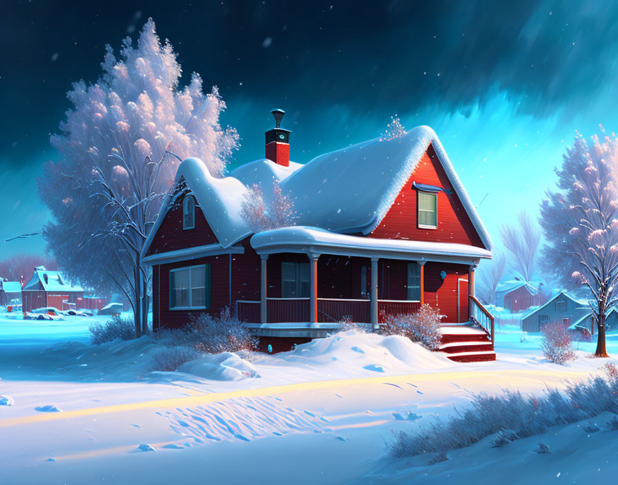 Snow-covered red house in twilight with warm interior lights.