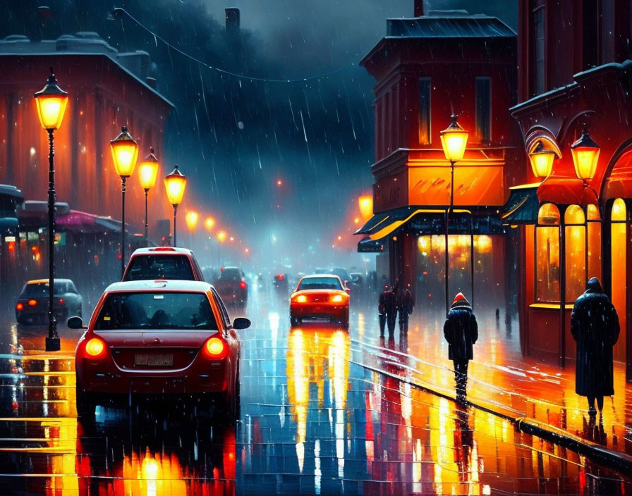 City street scene on a rainy evening with illuminated streetlights, wet pavement, vehicles, and pedestrians with