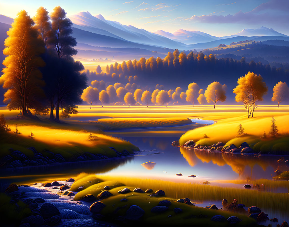 Sunrise Landscape: Golden Light on River, Trees, and Mountains