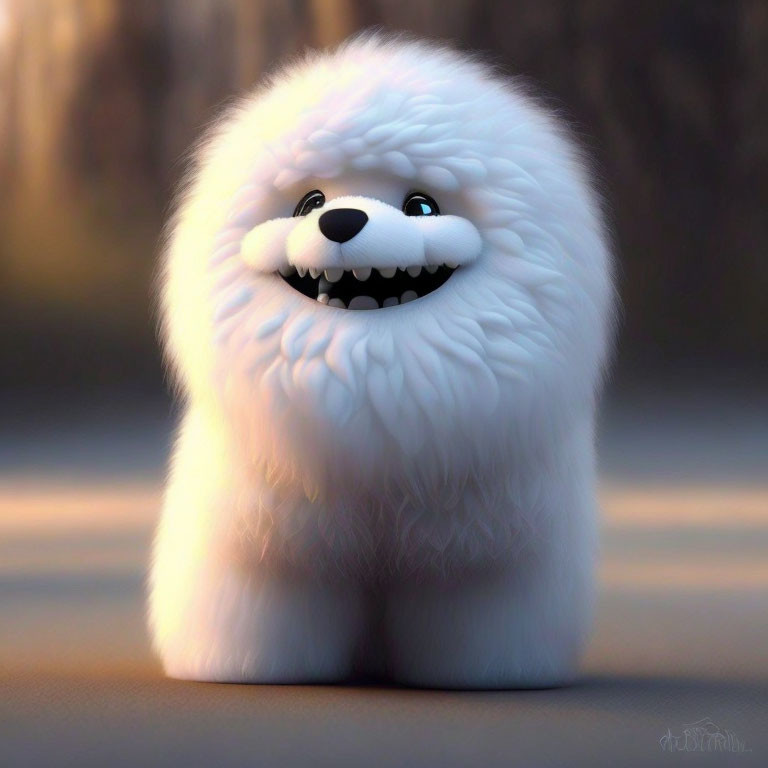 Fluffy white creature with big smile and black eyes on soft background