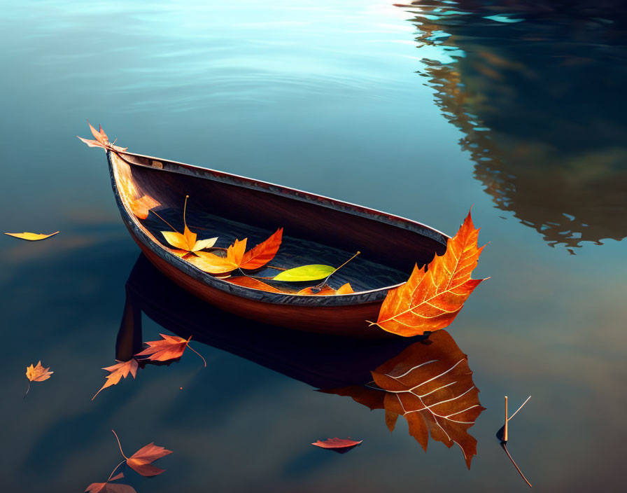 Tranquil autumn landscape with wooden canoe and colorful leaves