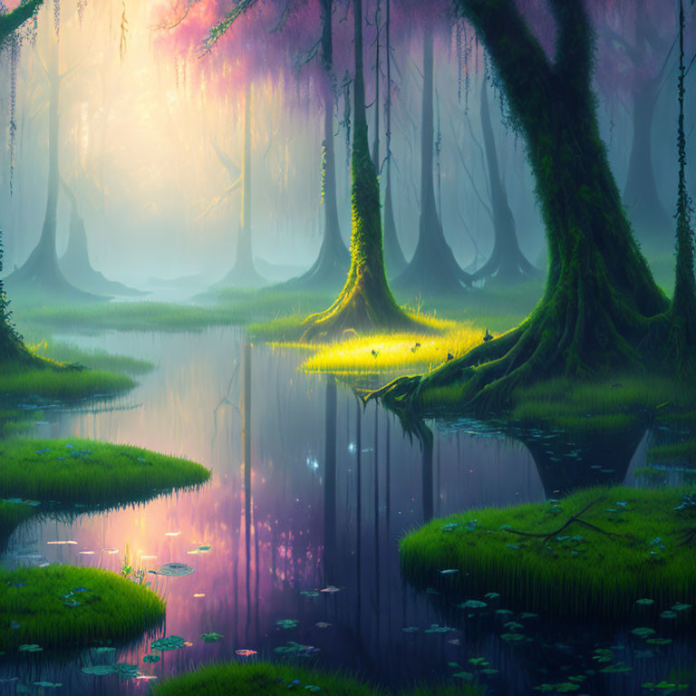 Tranquil swamp scene with mist, sunbeams, lush greenery