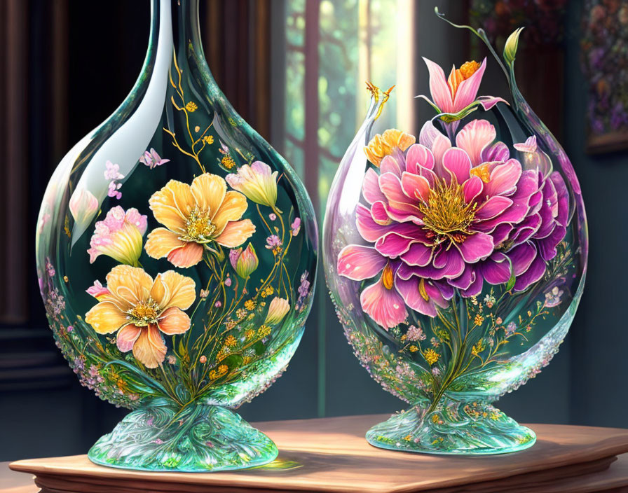 Intricately detailed glass vases with vibrant painted flowers on wooden surface