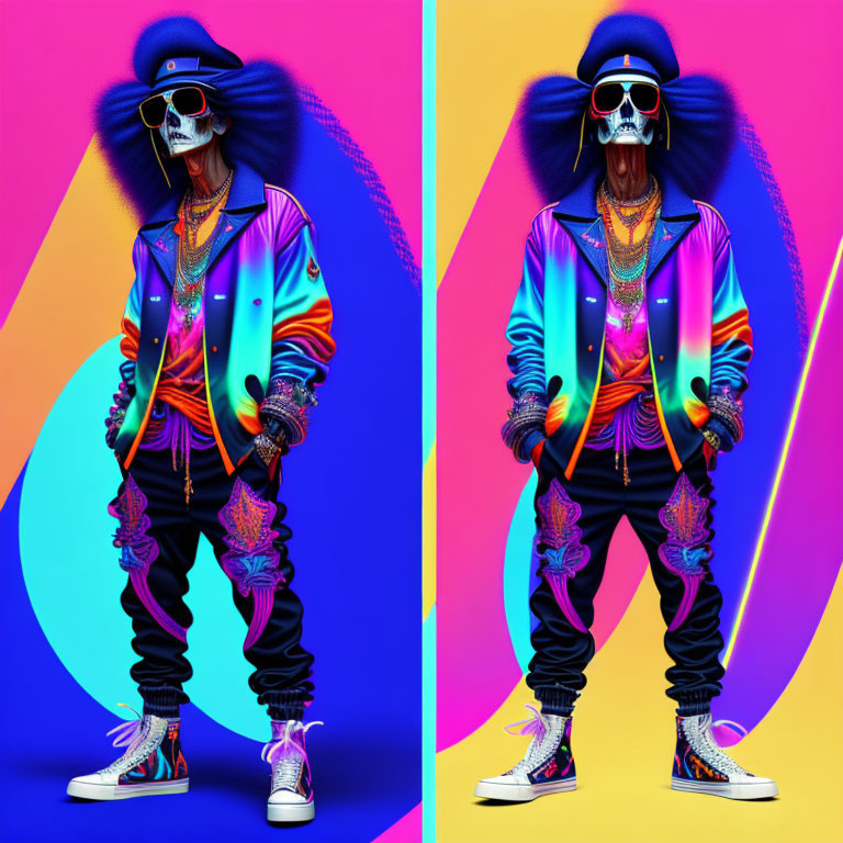 Colorful digital artwork: Mirrored skeleton figures in stylish outfits