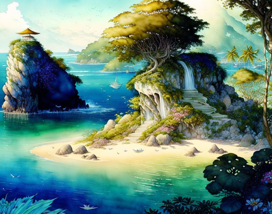 Tranquil digital painting of lush tropical island paradise