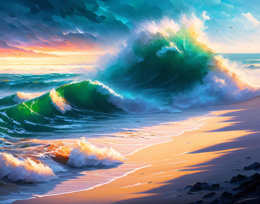Colorful painting of powerful wave crashing on sunset-lit shoreline