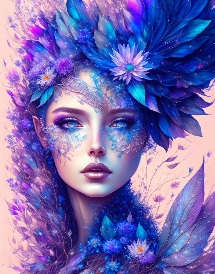Digital art portrait featuring woman with blue and purple flowers and feathers