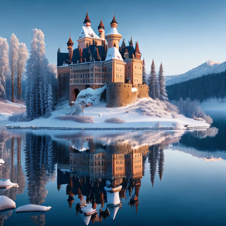 Snowy island castle with spires and turrets reflected in calm lake at dusk