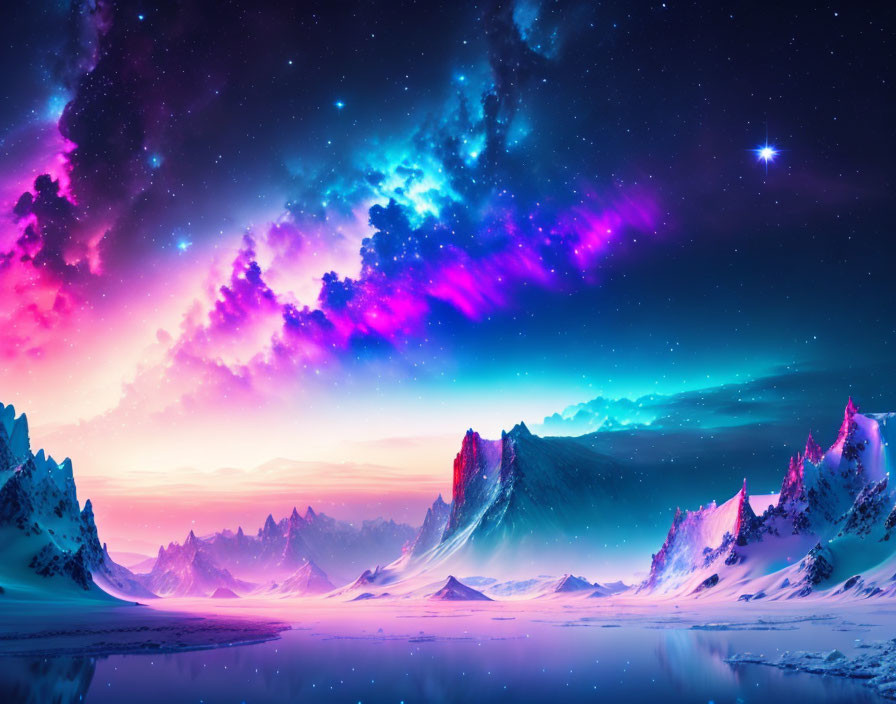 Starry night sky with purple and pink nebulae over snow-covered mountains and calm water