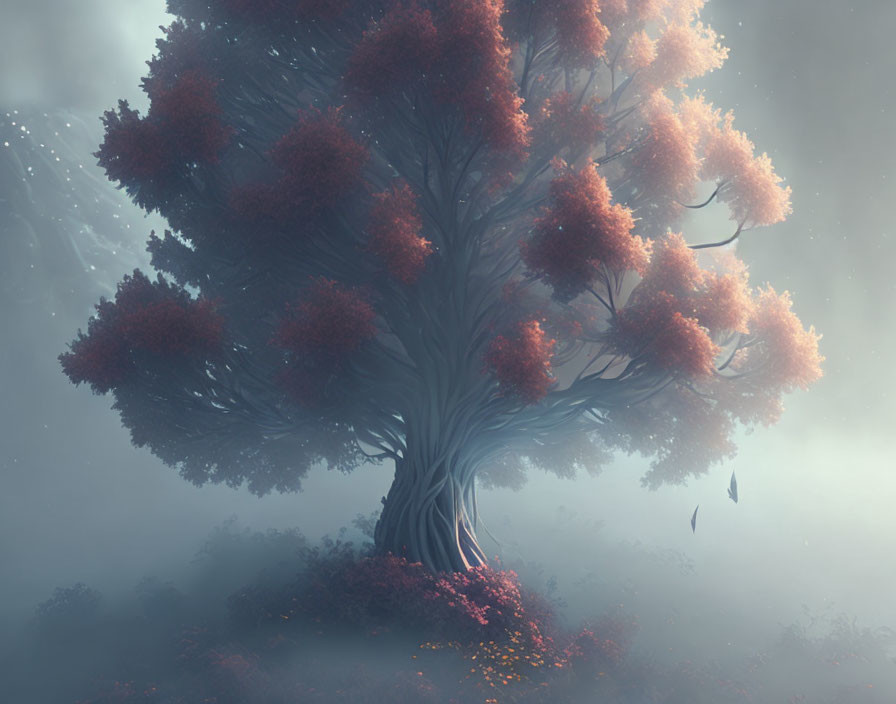 Mystical tree with thick trunk and pink foliage in blue mist