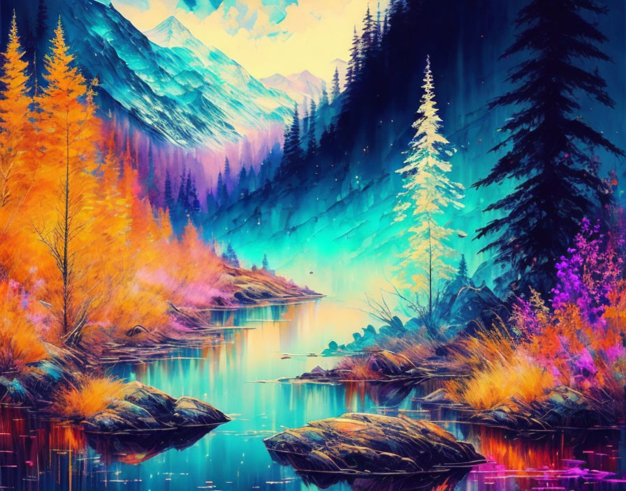Digital artwork of serene mountain lake with vivid autumn hues and fantastical atmosphere