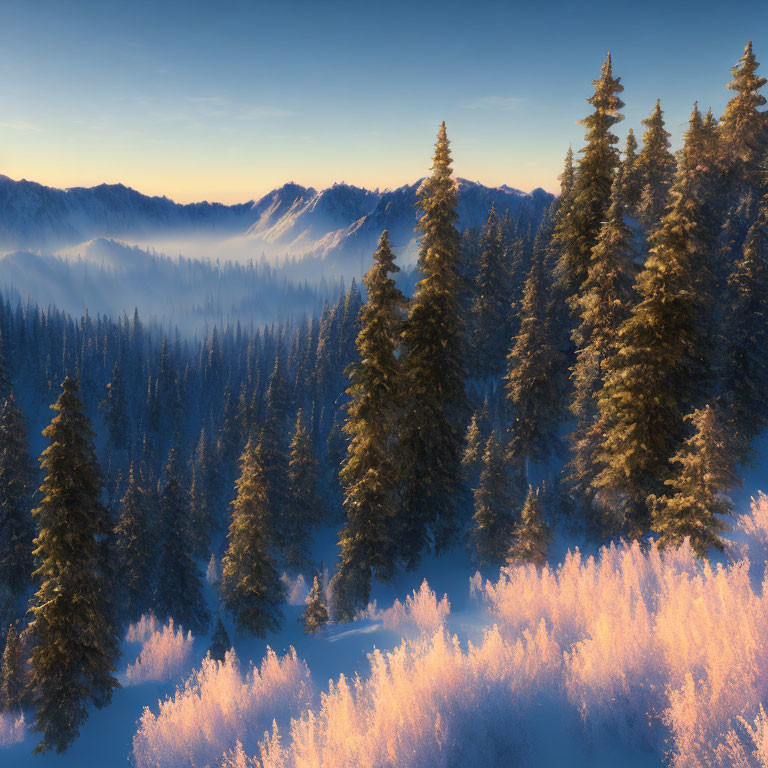 Snowy Evergreens in Winter Sunlight and Foggy Mountains