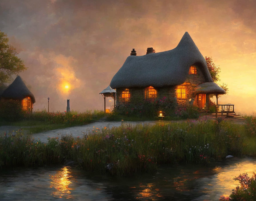 Serene River Thatched-Roof Cottage at Twilight