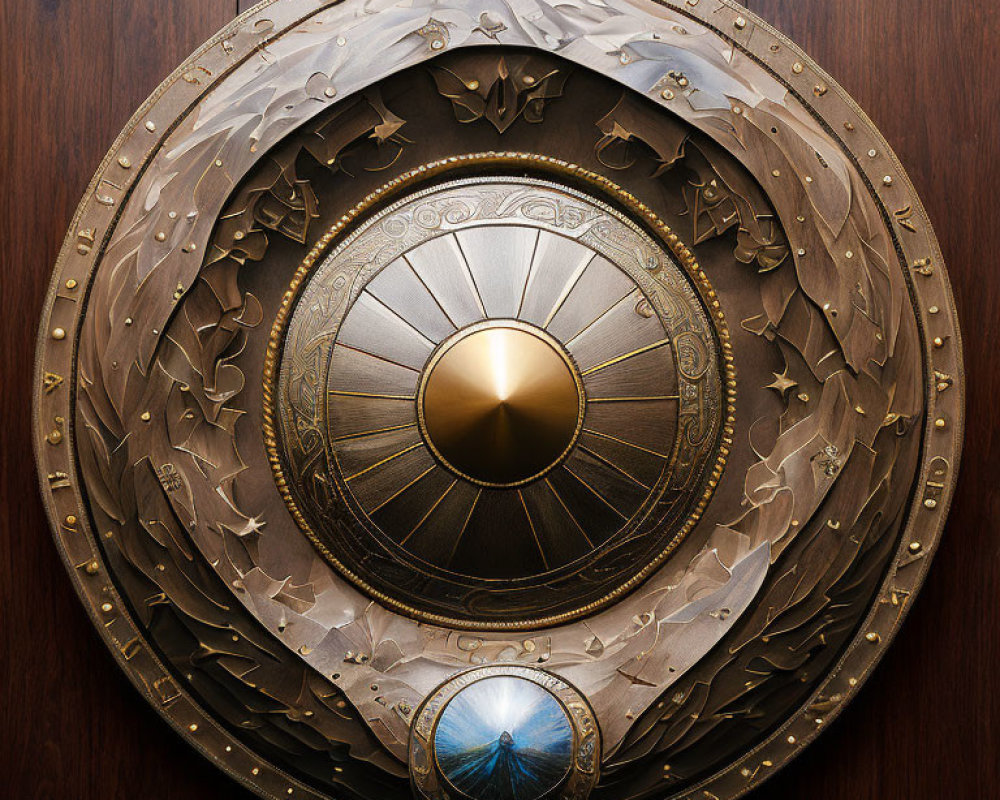 Metallic Shield with Golden Accents and Blue Gemstone on Wooden Background