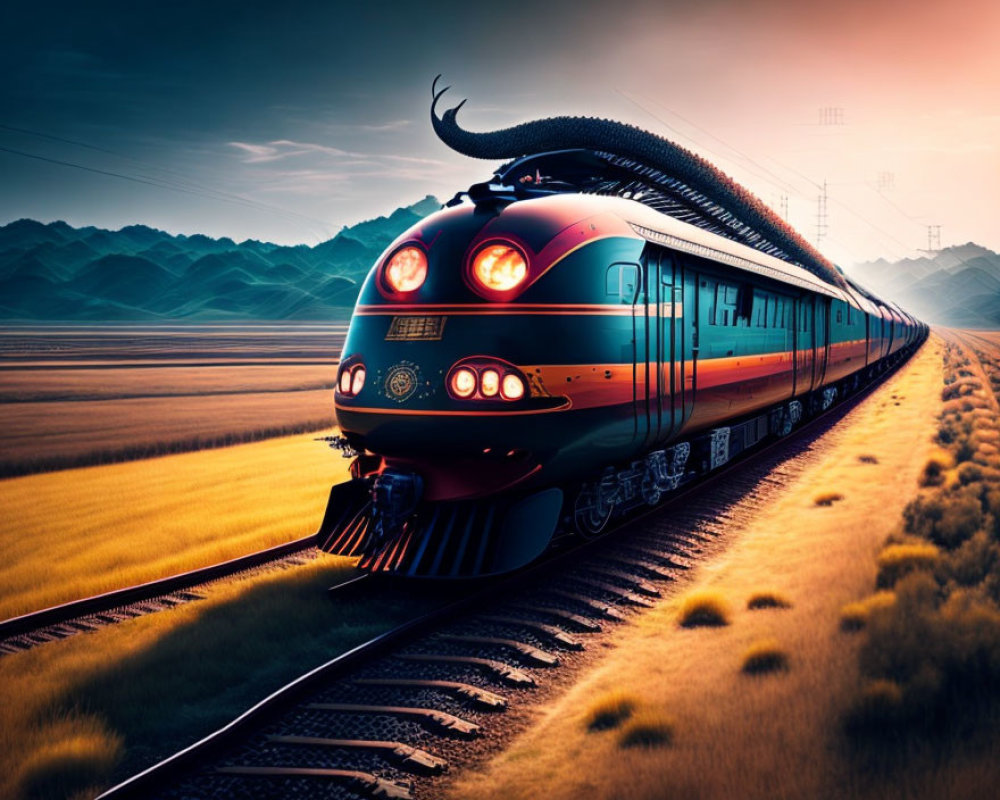 Surreal train with dragon features in scenic sunset landscape
