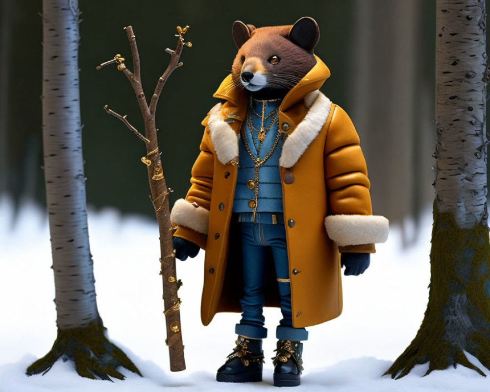 Anthropomorphic fox character in yellow coat and staff in snowy forest
