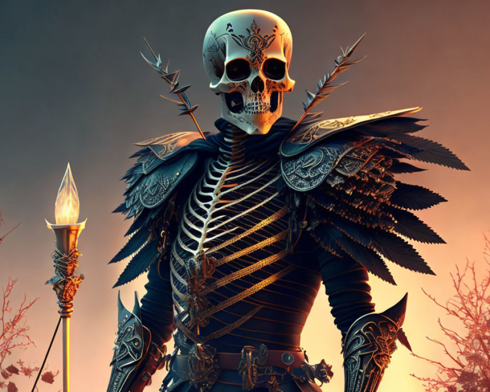 Skeleton in ornate armor with wings holding torch against dusk sky.