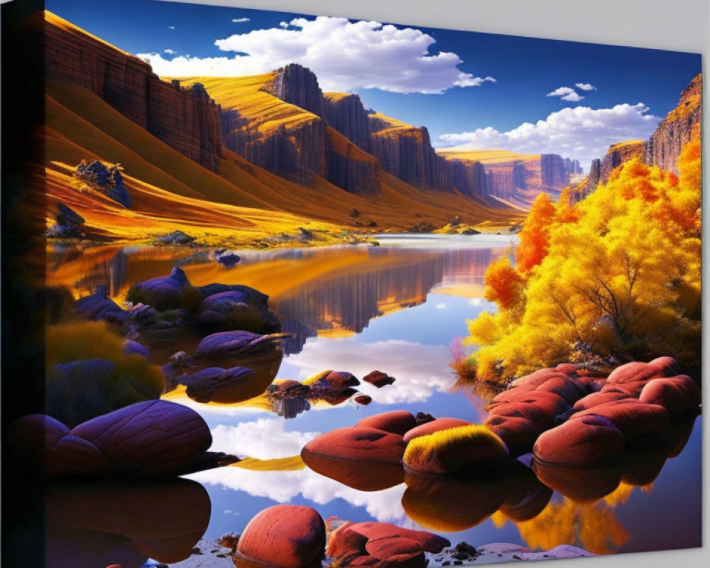 Serene lake landscape with autumn trees and cliffs
