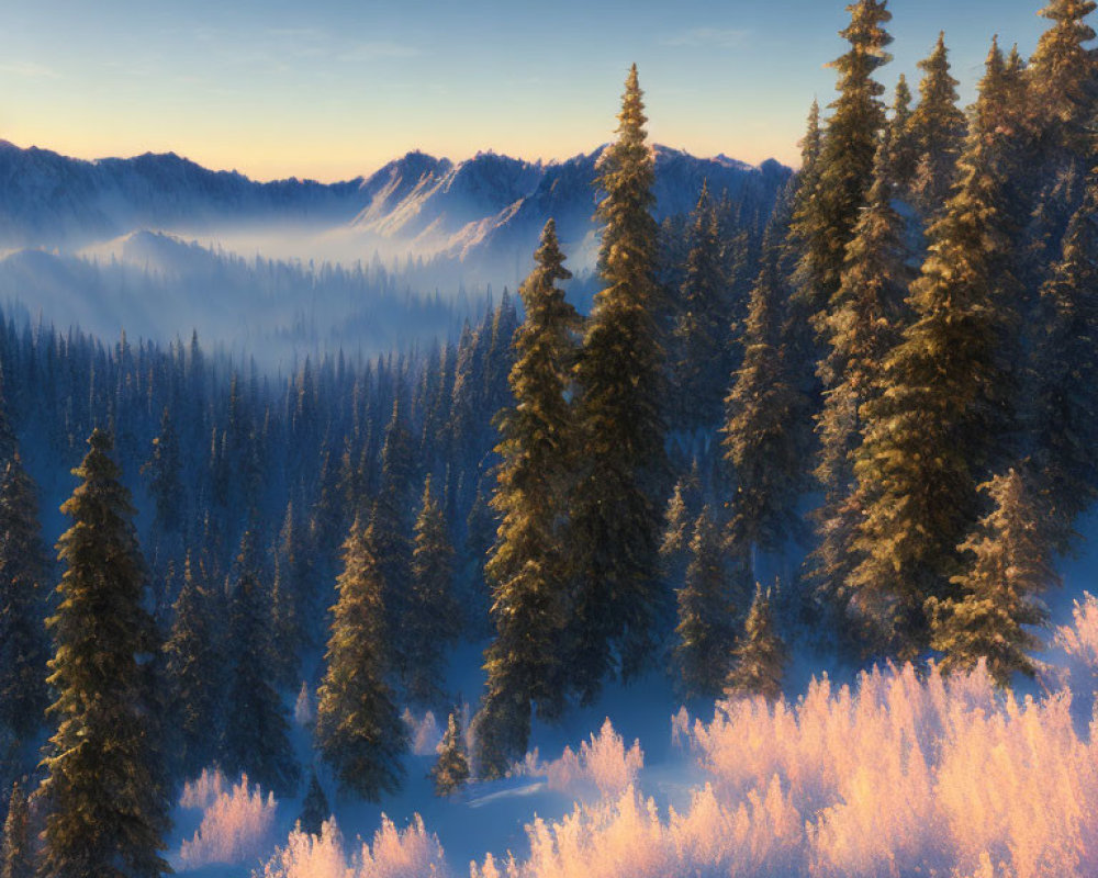 Snowy Evergreens in Winter Sunlight and Foggy Mountains