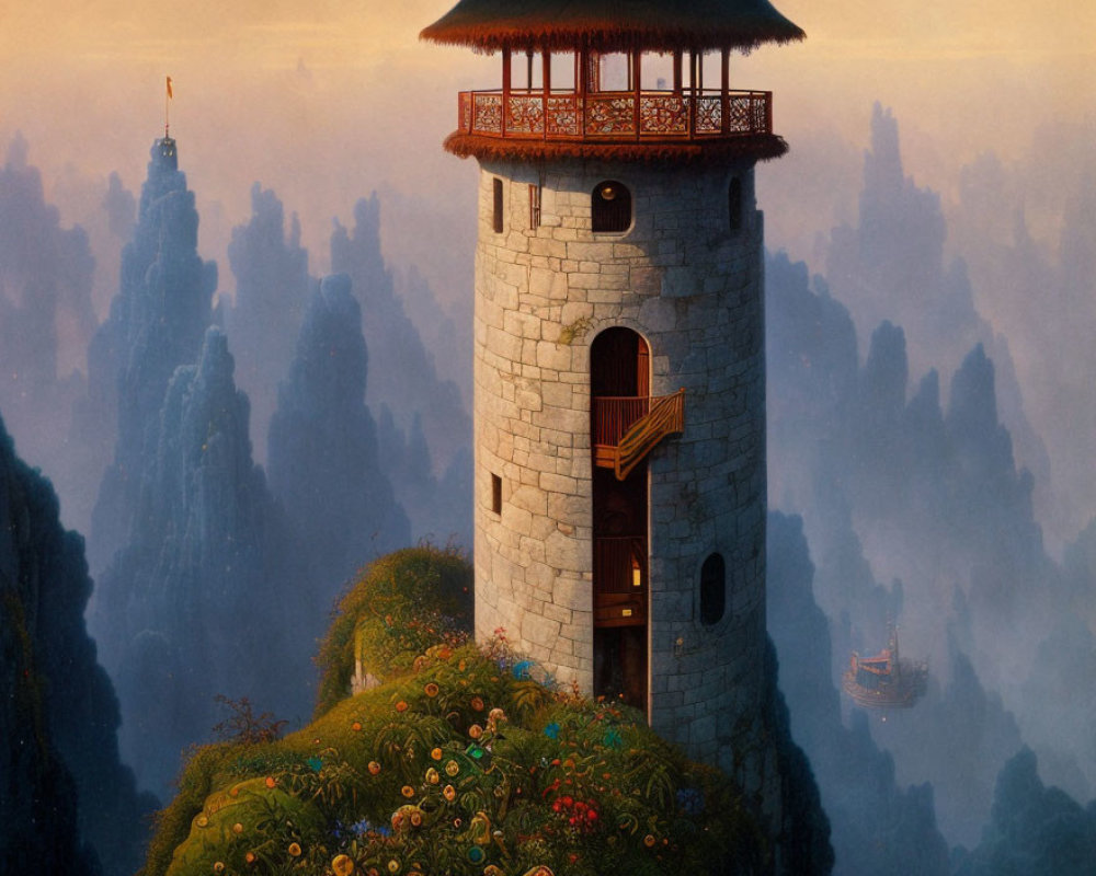Stone tower with wooden balcony on flower-covered hill overlooking misty mountain landscape with floating boat.