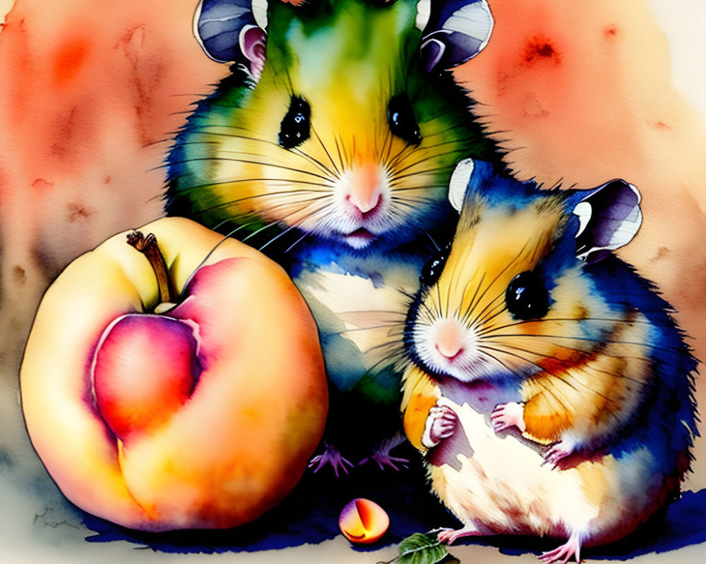 Colorful watercolor painting of hamsters with peach and nut on warm background