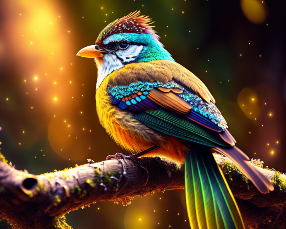 Colorful Bird Perched on Branch with Vibrant Feathers and Bokeh Background