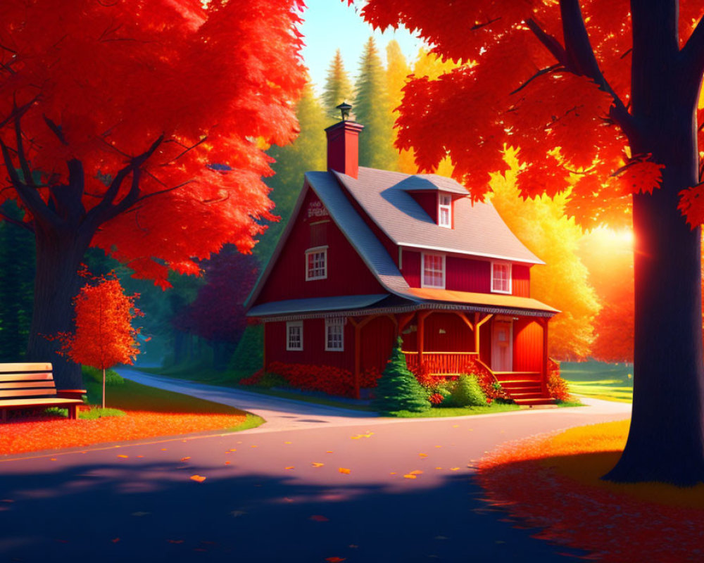 Cozy red house with chimney in autumn setting among vibrant trees