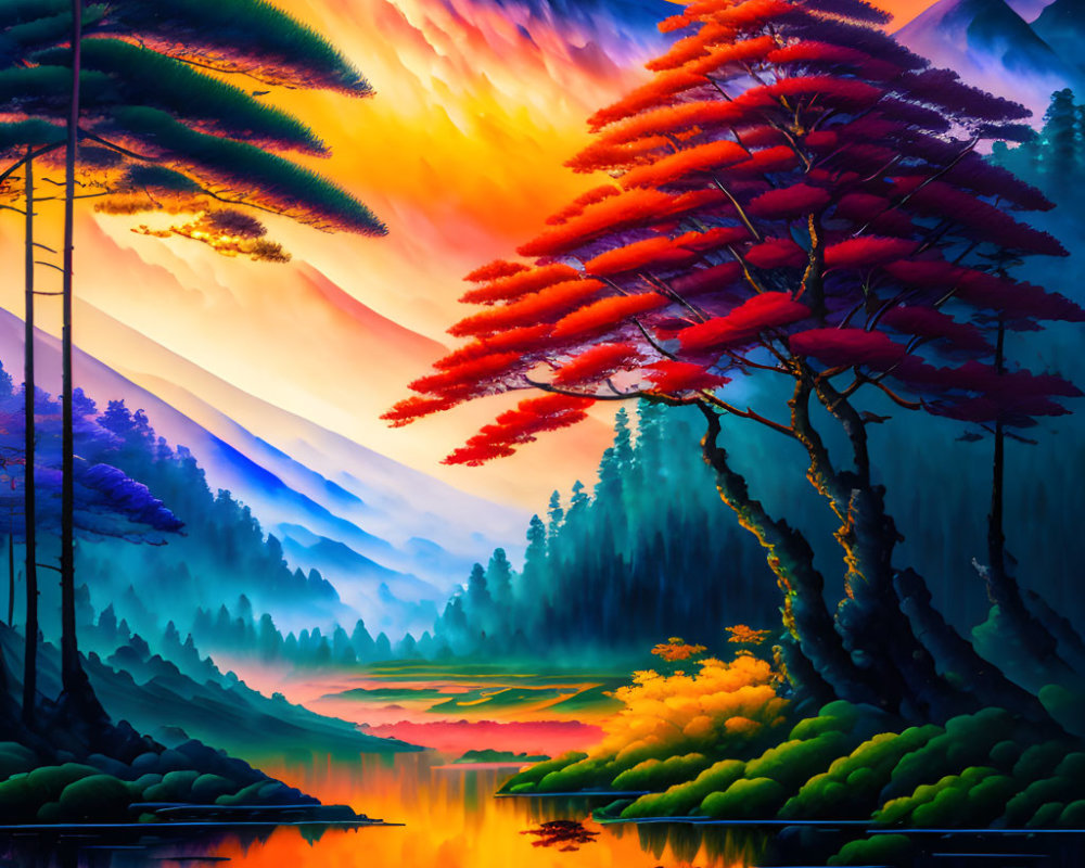 Colorful landscape with red trees, serene lake, and dramatic sky at dusk