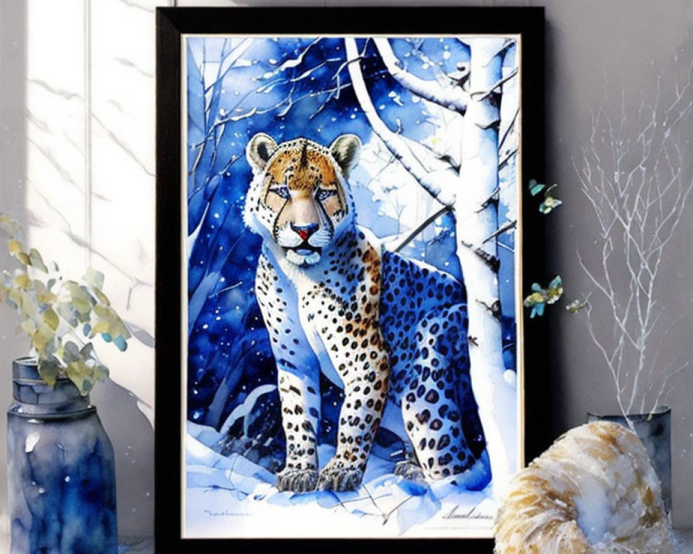 Framed painting of cheetah in snowy birch forest with blue vase and seashell