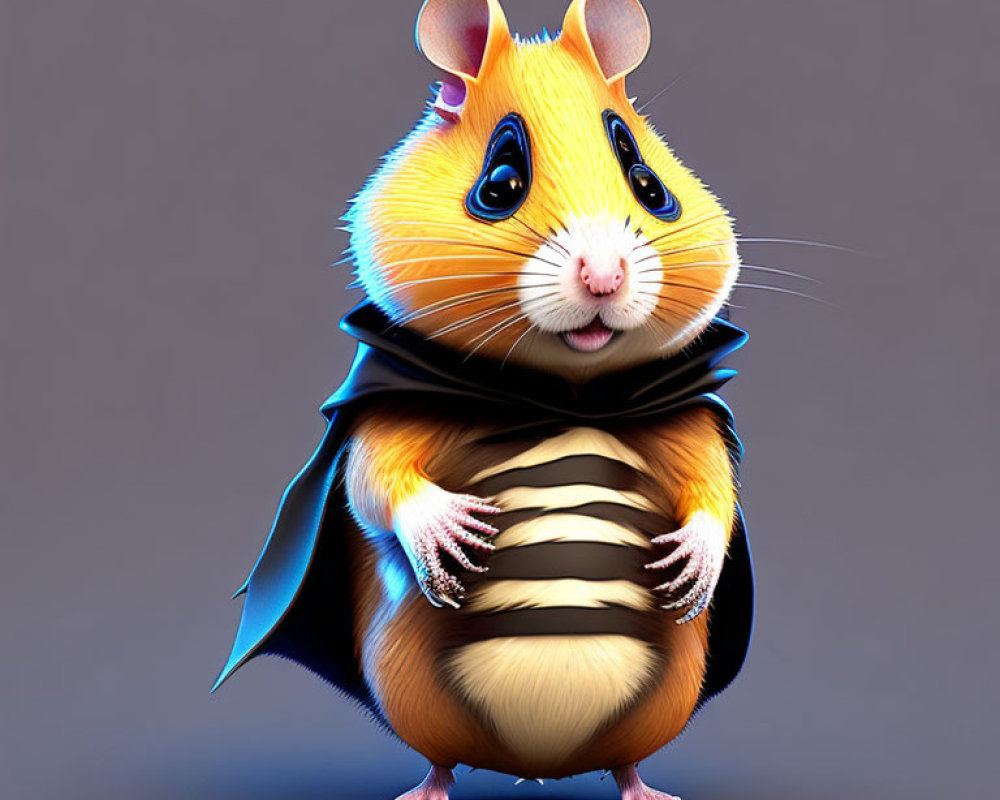 Stylized anthropomorphic hamster in dark cape artwork